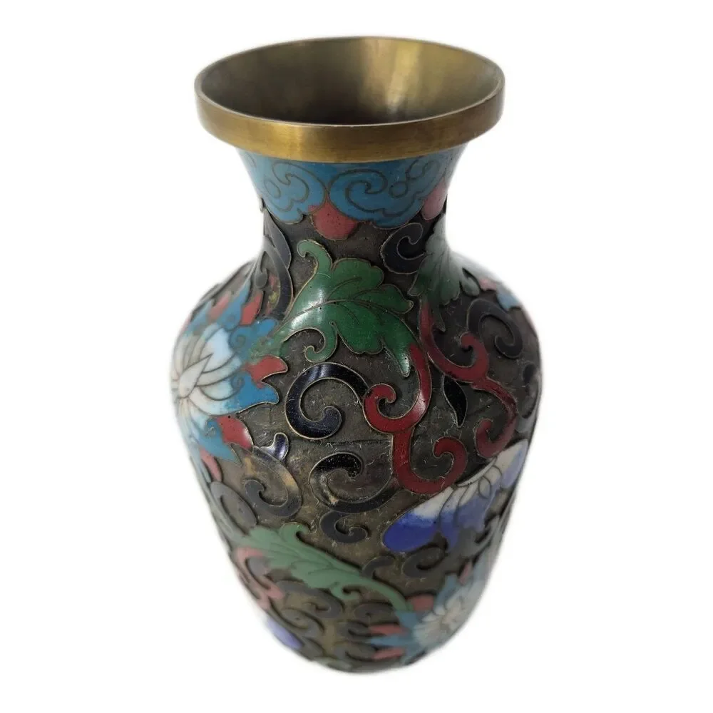 Vintage Chinese Cloisonné Miniature Vase Floral Enamel Bronze Art Small